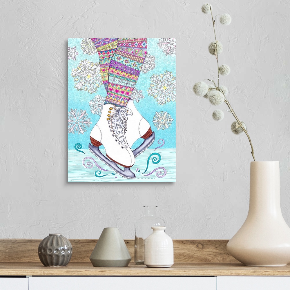 A farmhouse room featuring Colorful close-up illustration of a pair of ice skates in action with patterned leggings and snow...