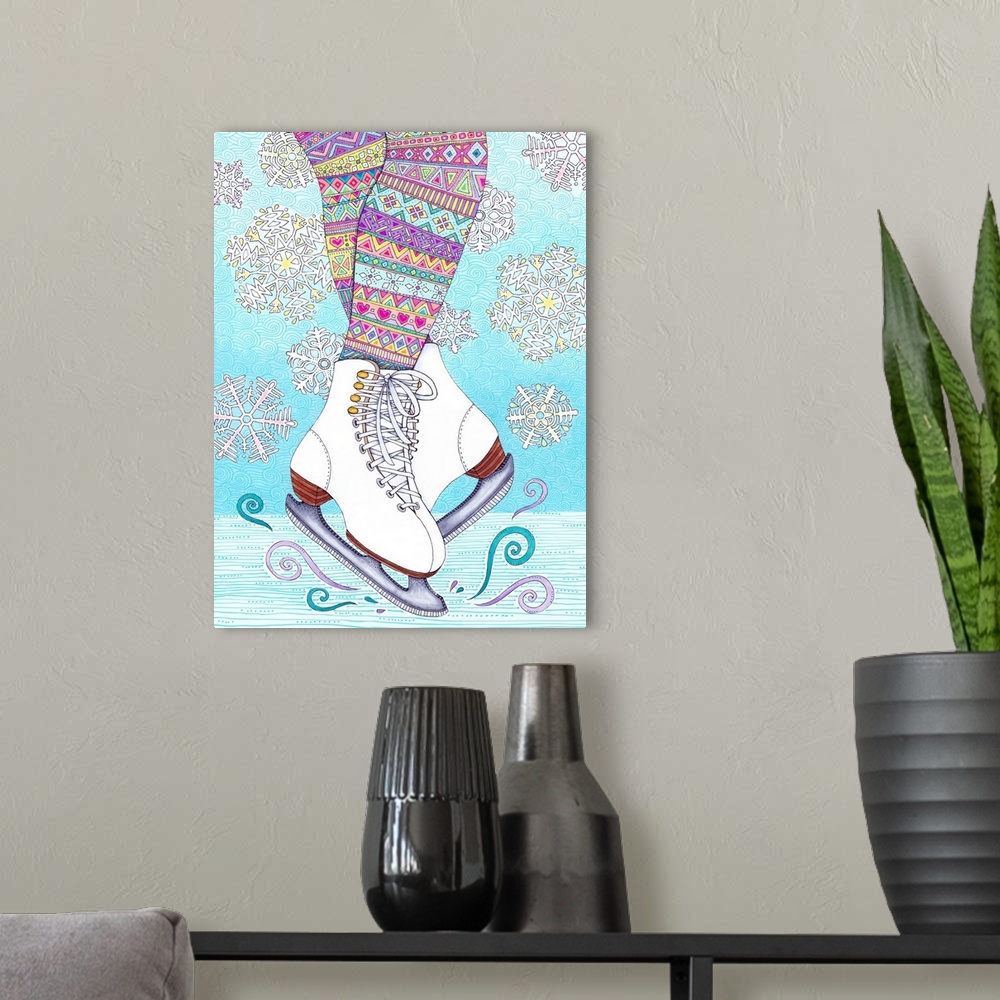 A modern room featuring Colorful close-up illustration of a pair of ice skates in action with patterned leggings and snow...