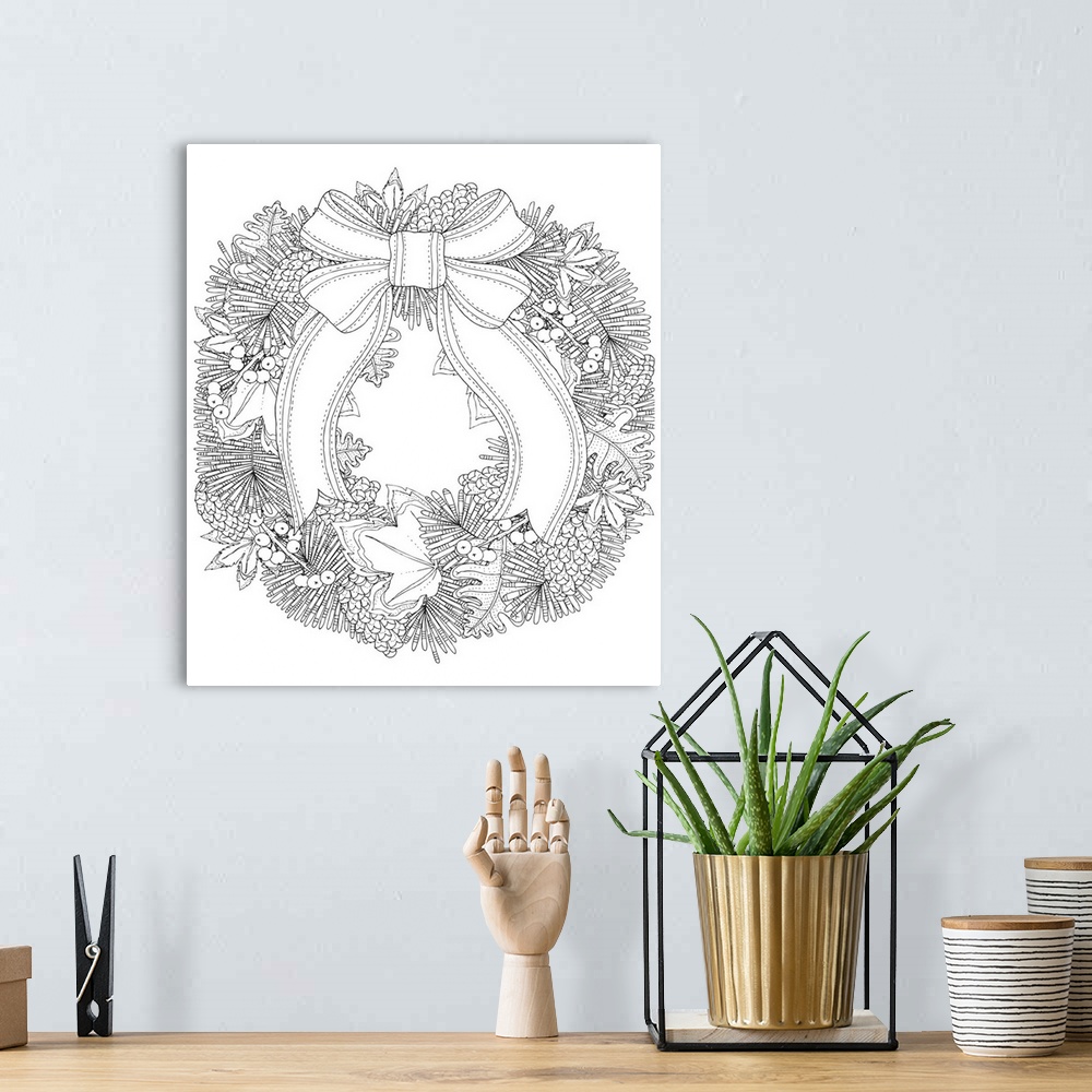 A bohemian room featuring Black and white lined design of a Winter wreath.