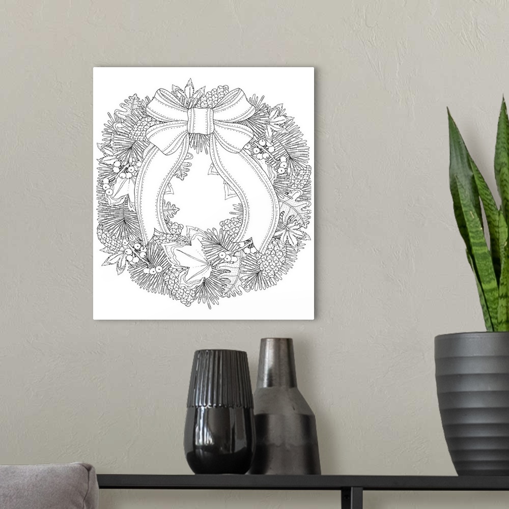 A modern room featuring Black and white lined design of a Winter wreath.