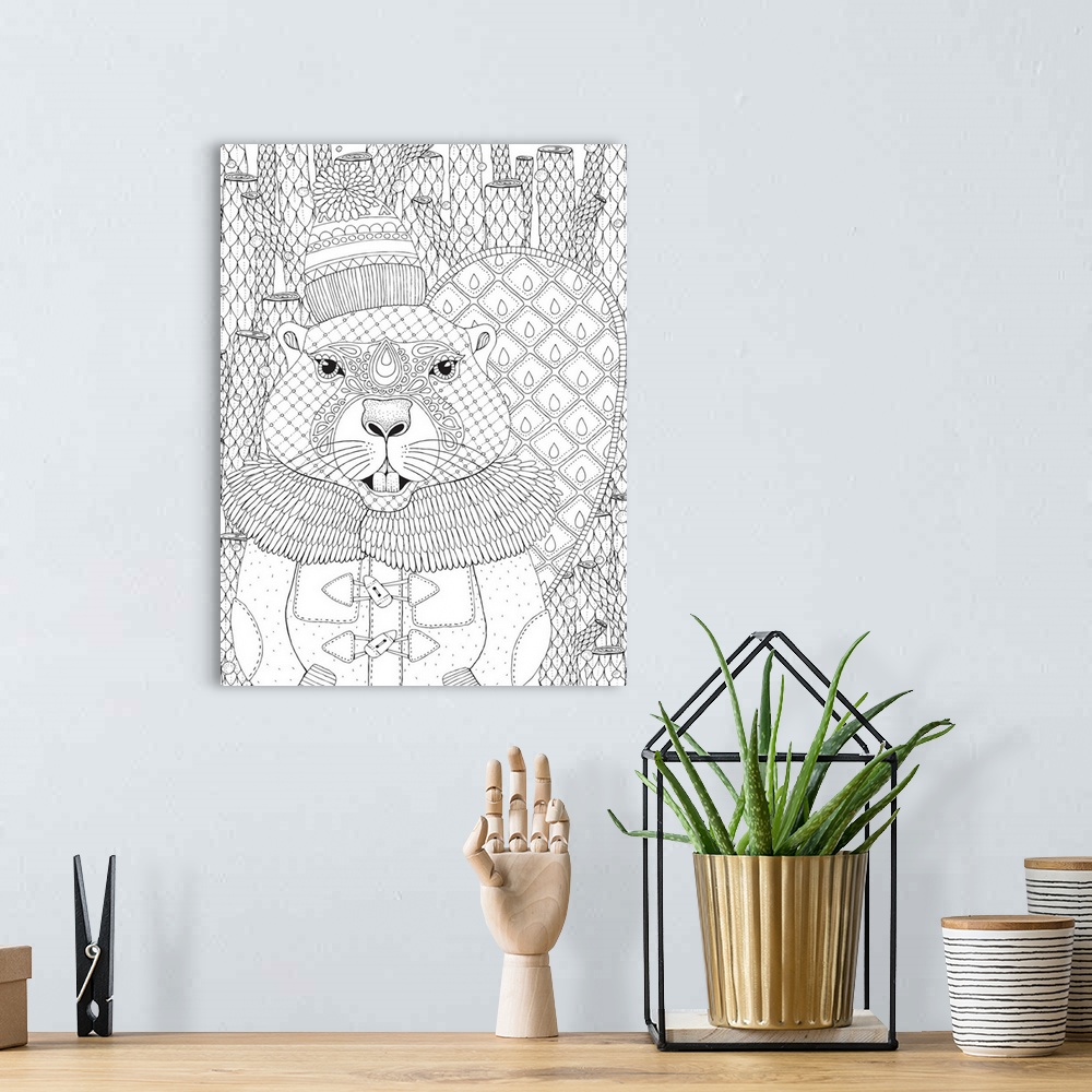 A bohemian room featuring Black and white line art of an intricately designed beaver wearing a winter coat, hat, and scarf ...