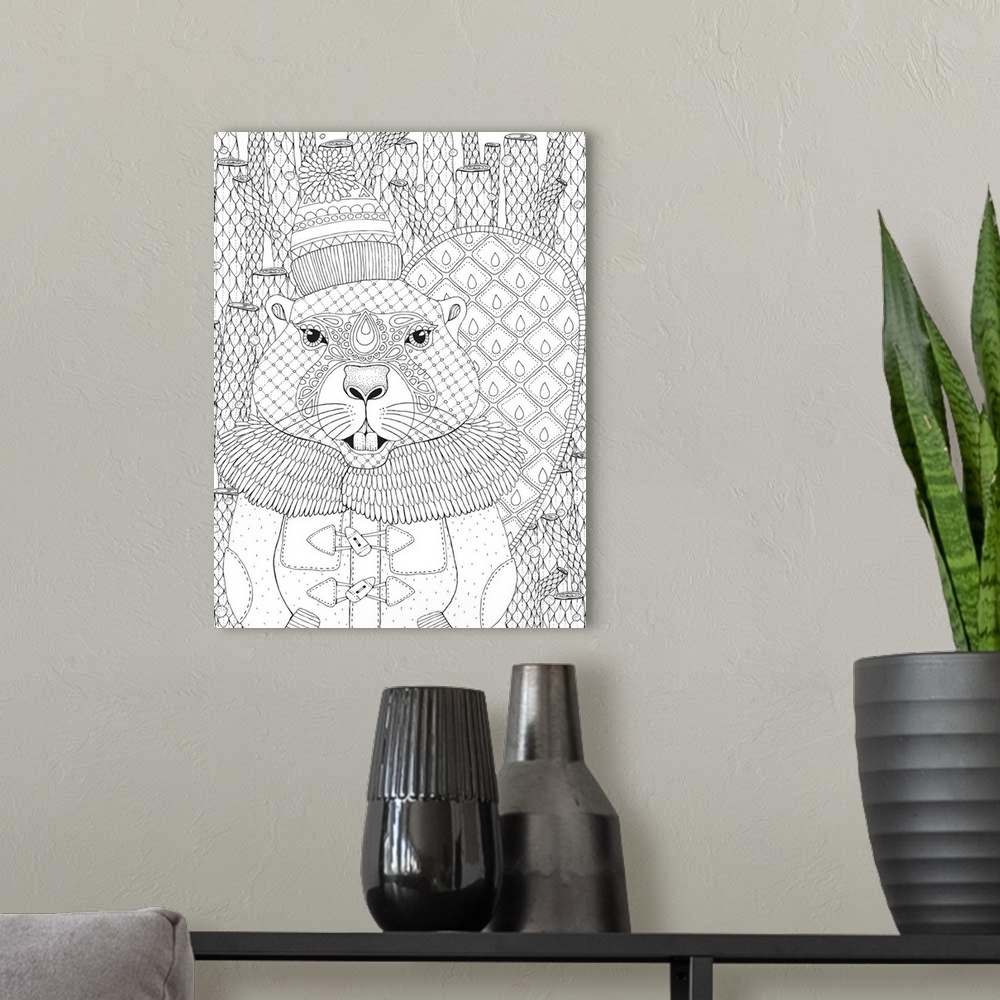 A modern room featuring Black and white line art of an intricately designed beaver wearing a winter coat, hat, and scarf ...