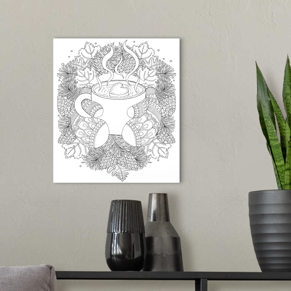 A modern room featuring Contemporary lined art design of a Winter wreath with a pair of mittens holding a mug of hot choc...