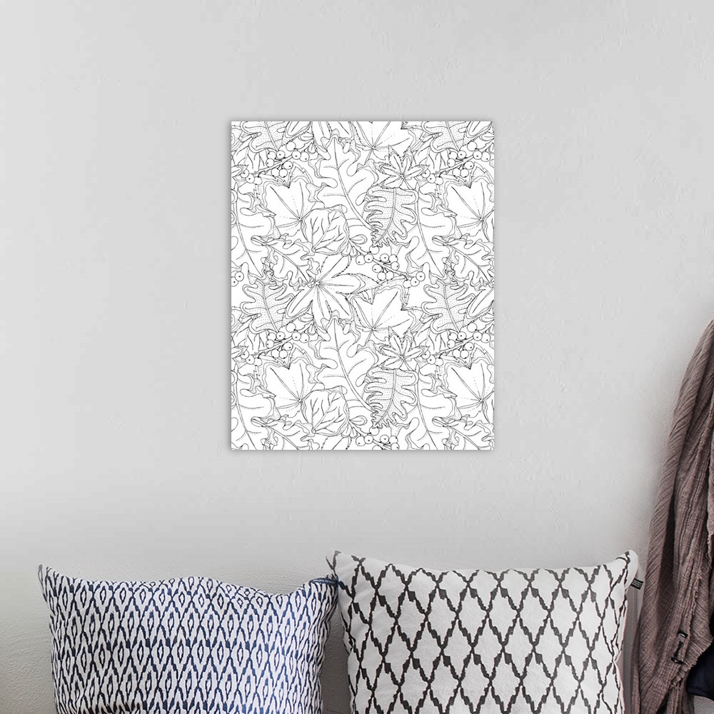 A bohemian room featuring Contemporary black and white line art with a collage of holly and other winter leaves.