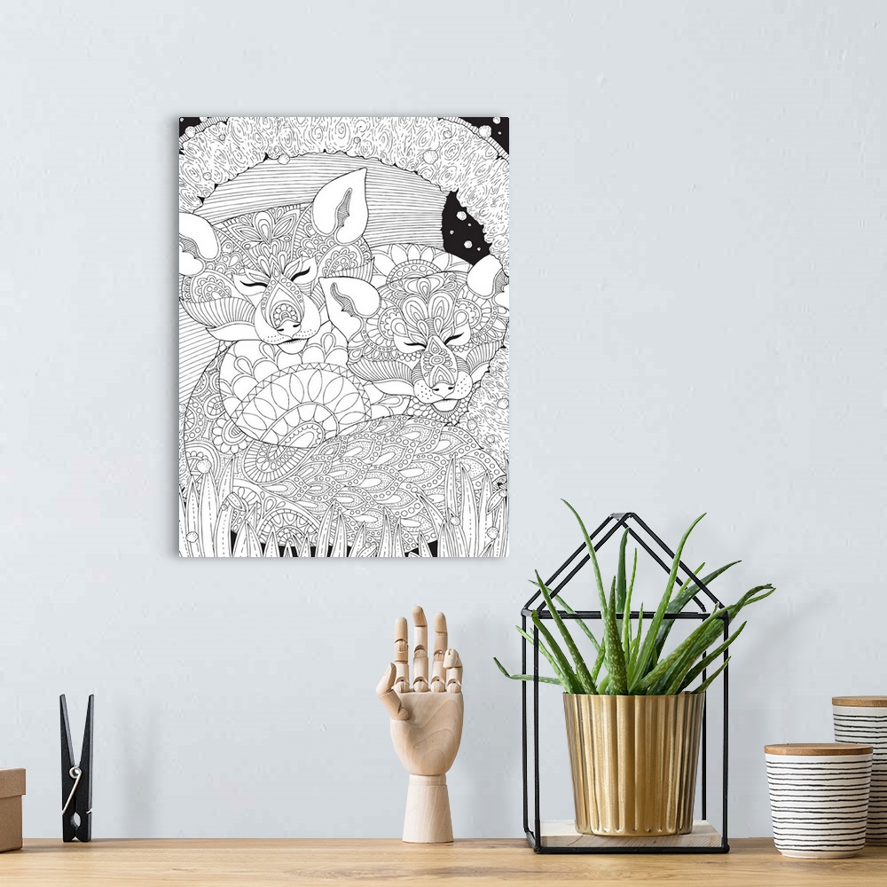 A bohemian room featuring Black and white line art with two intricately designed foxes on a patterned background.