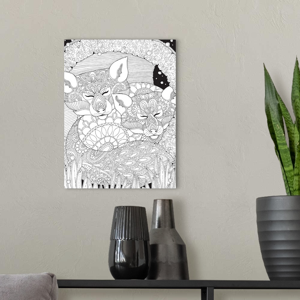 A modern room featuring Black and white line art with two intricately designed foxes on a patterned background.