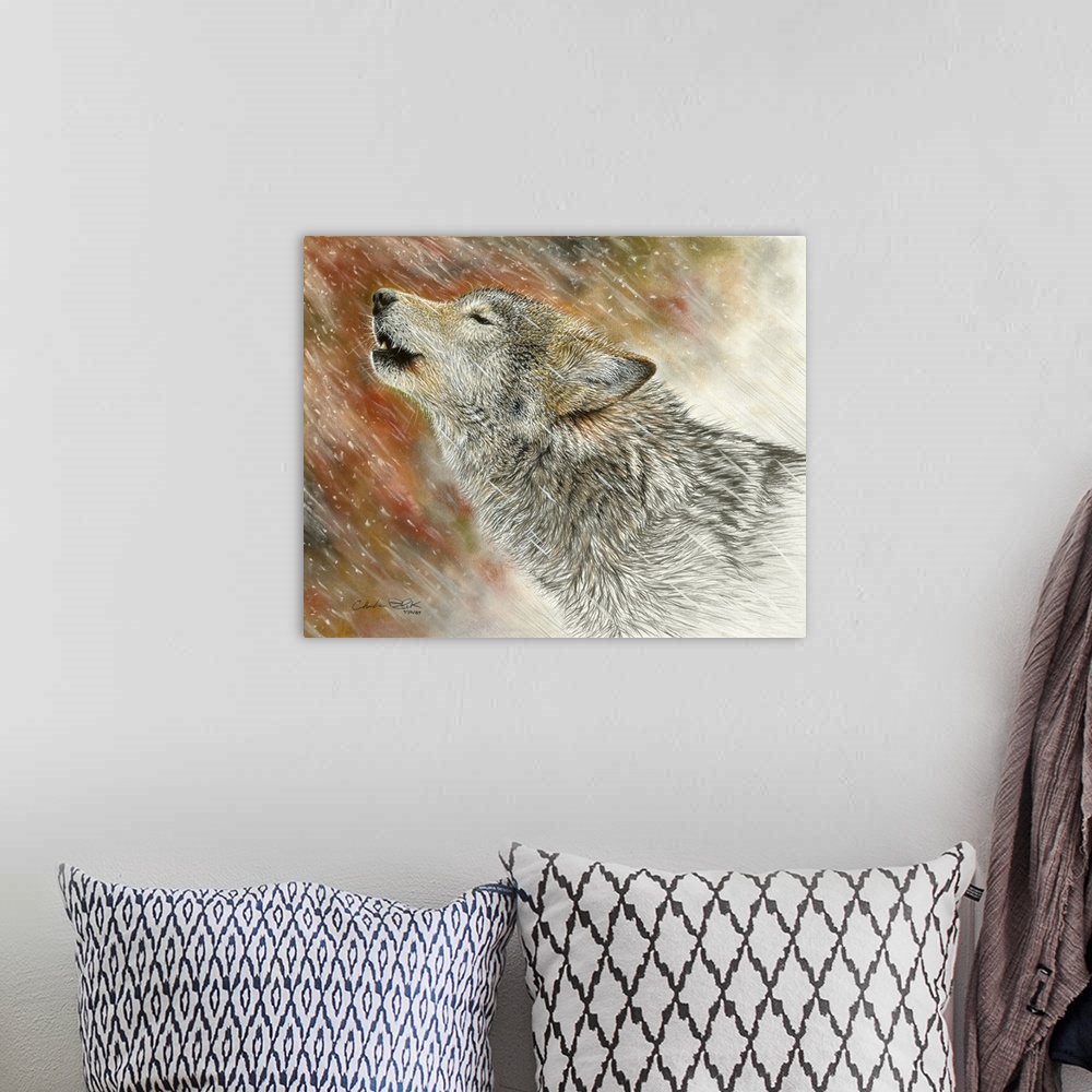 A bohemian room featuring A contemporary painting of a gray wolf howling into the winter air.