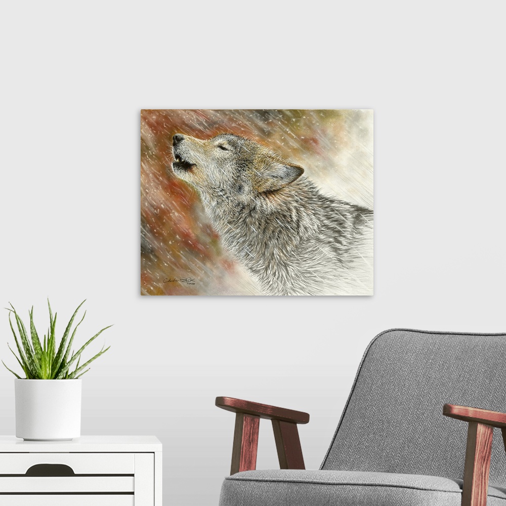 A modern room featuring A contemporary painting of a gray wolf howling into the winter air.