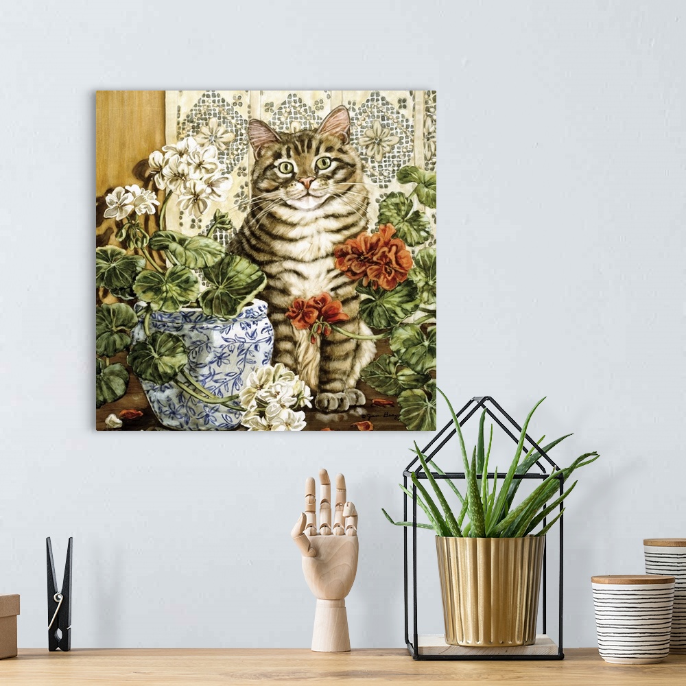 A bohemian room featuring Contemporary painting of a cat sitting, on a table with flowers in vases.