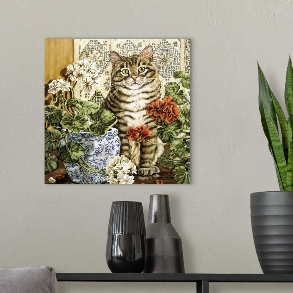 A modern room featuring Contemporary painting of a cat sitting, on a table with flowers in vases.