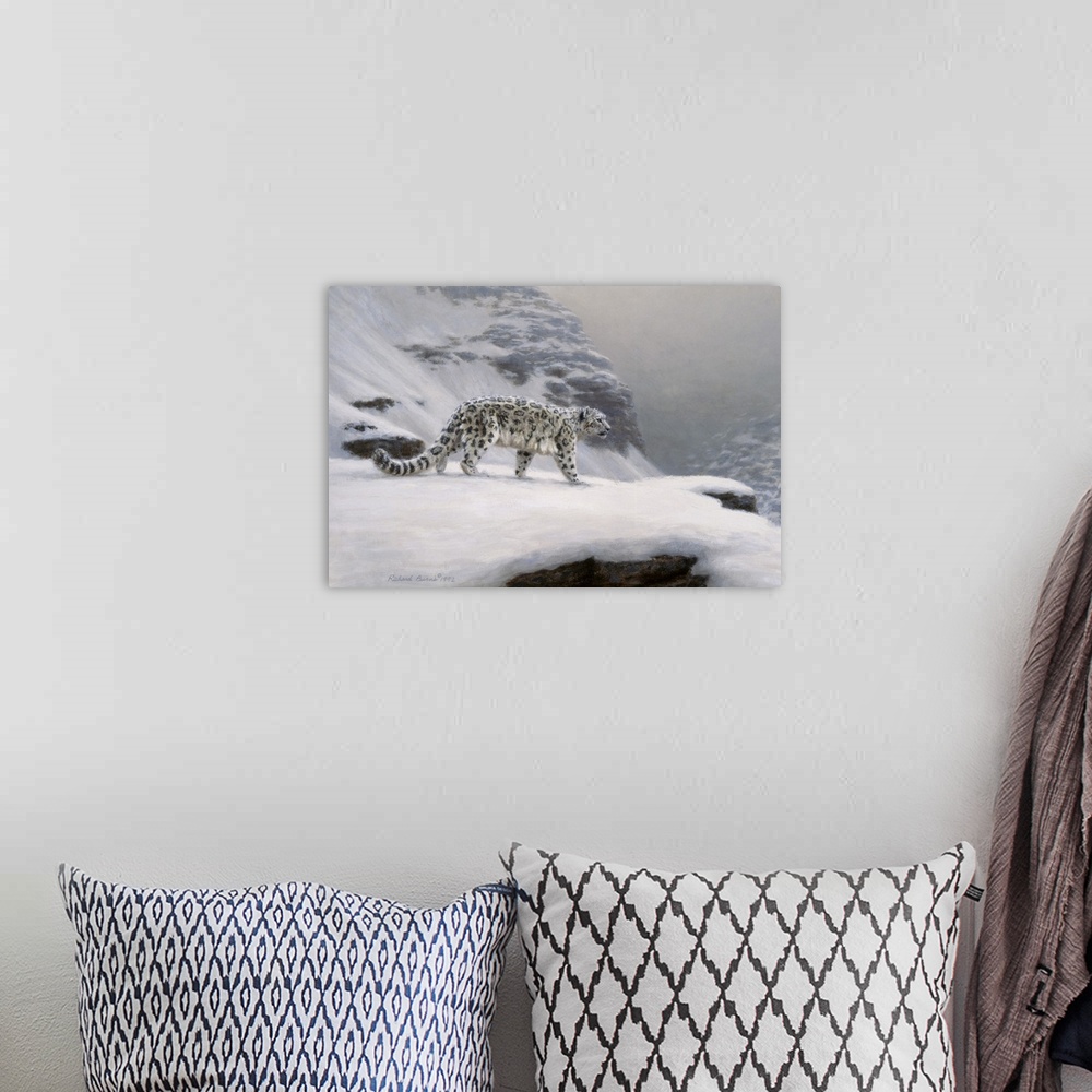 A bohemian room featuring Contemporary painting of a snow leopard on a snowy overlook.