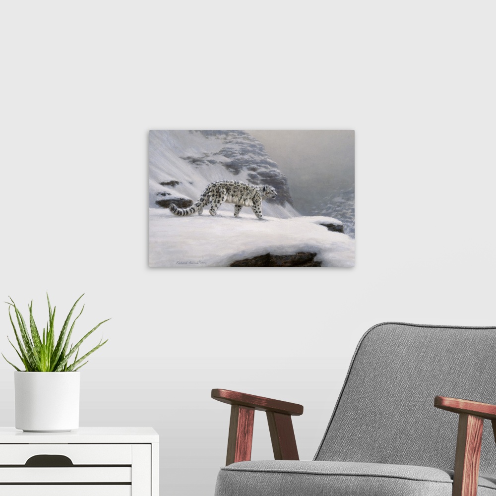 A modern room featuring Contemporary painting of a snow leopard on a snowy overlook.