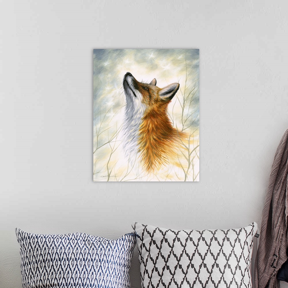 A bohemian room featuring Contemporary painting of a fox looking up with branches surrounding him.