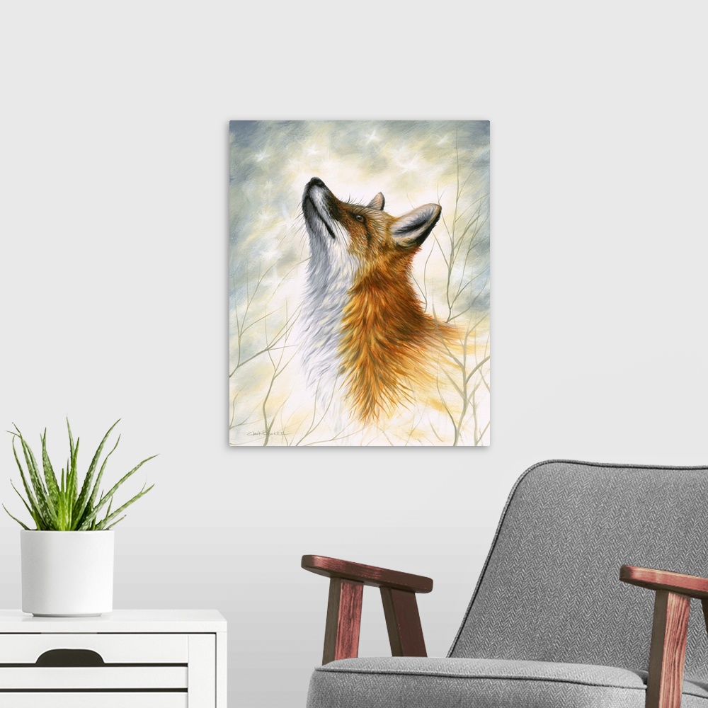 A modern room featuring Contemporary painting of a fox looking up with branches surrounding him.
