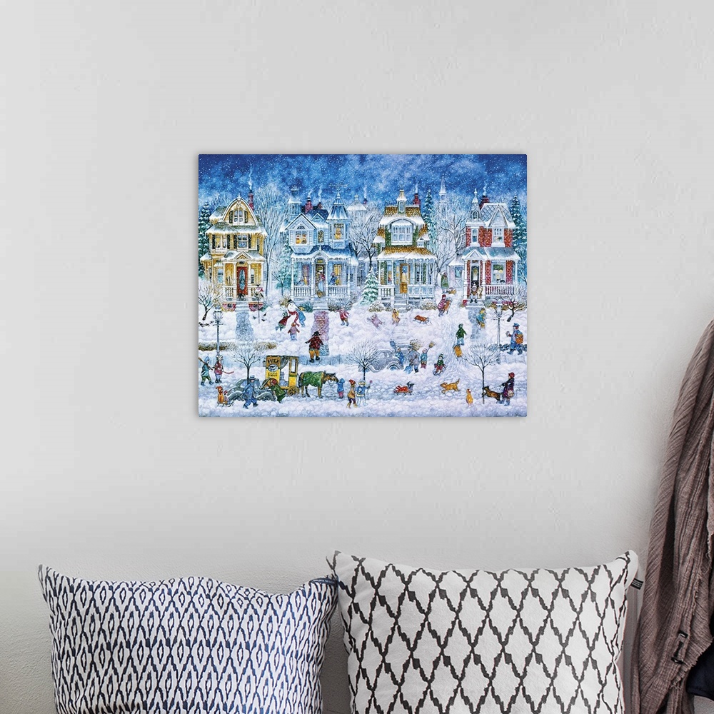 A bohemian room featuring A winter street scene filled with Victorian homes, a horse and carriage and many people.