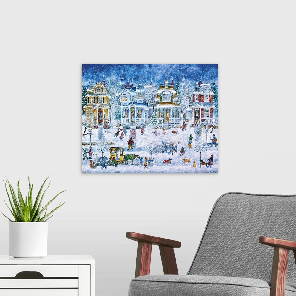 A modern room featuring A winter street scene filled with Victorian homes, a horse and carriage and many people.