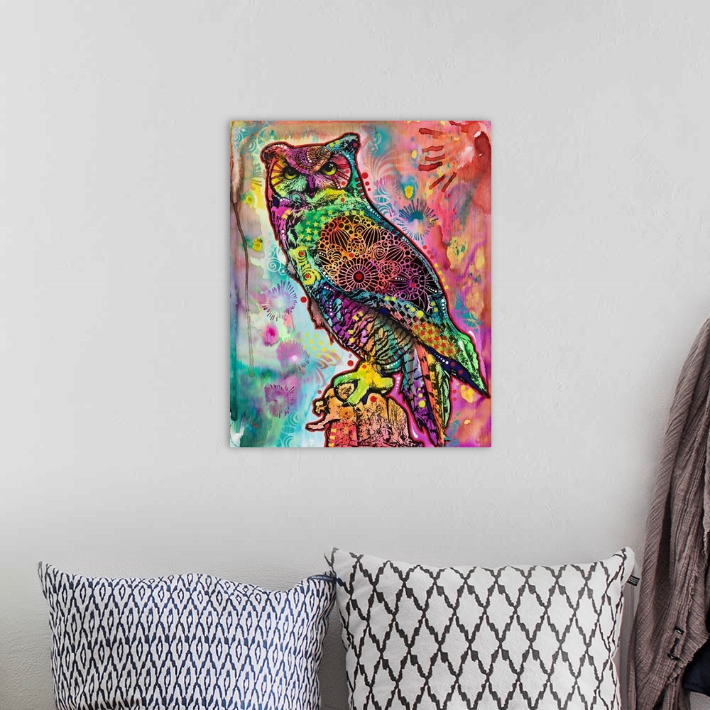 A bohemian room featuring Colorful illustration of an owl surrounded by abstract designs.
