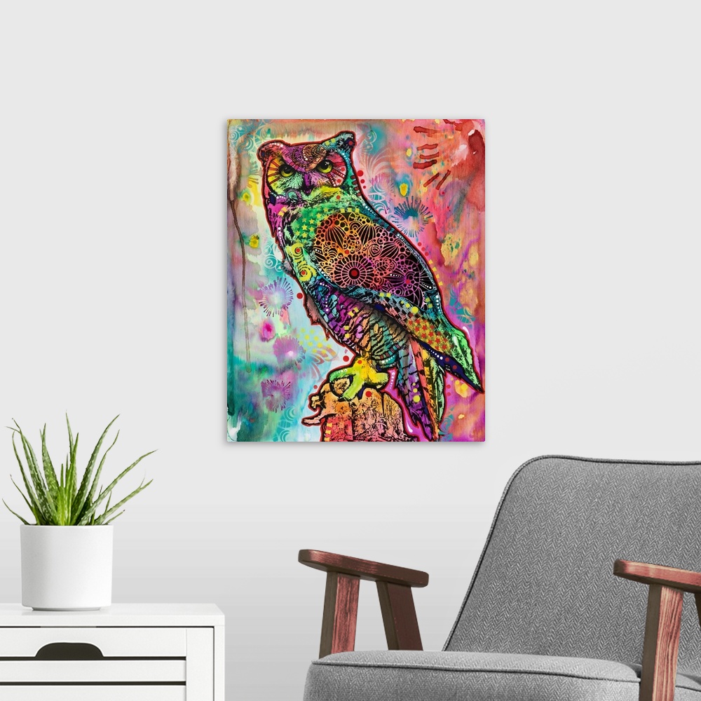 A modern room featuring Colorful illustration of an owl surrounded by abstract designs.