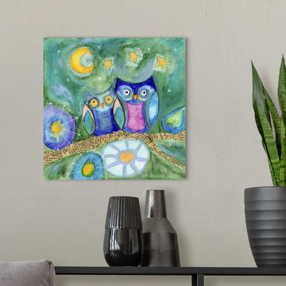 A modern room featuring Two owls snuggling together on a branch under the moon and stars.