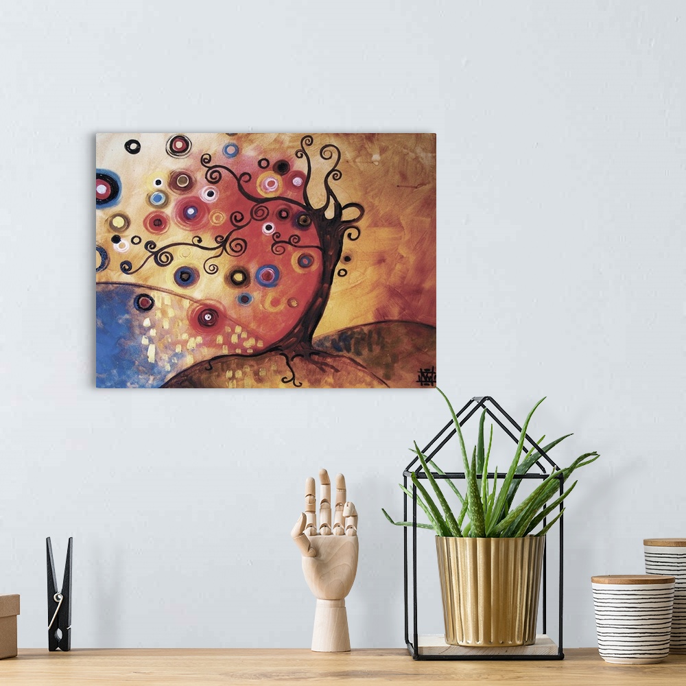 A bohemian room featuring Contemporary painting of a tree with thin, spiraling branches and round spheres of color with a v...
