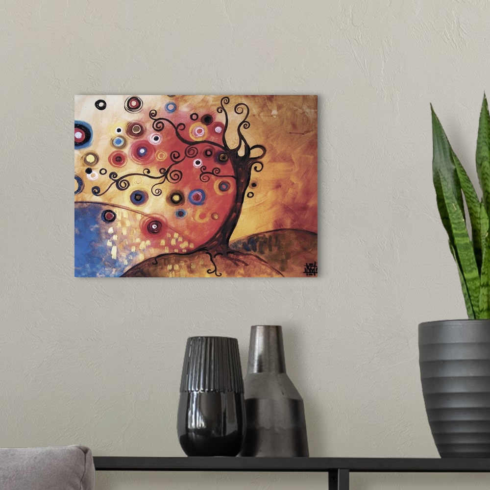 A modern room featuring Contemporary painting of a tree with thin, spiraling branches and round spheres of color with a v...