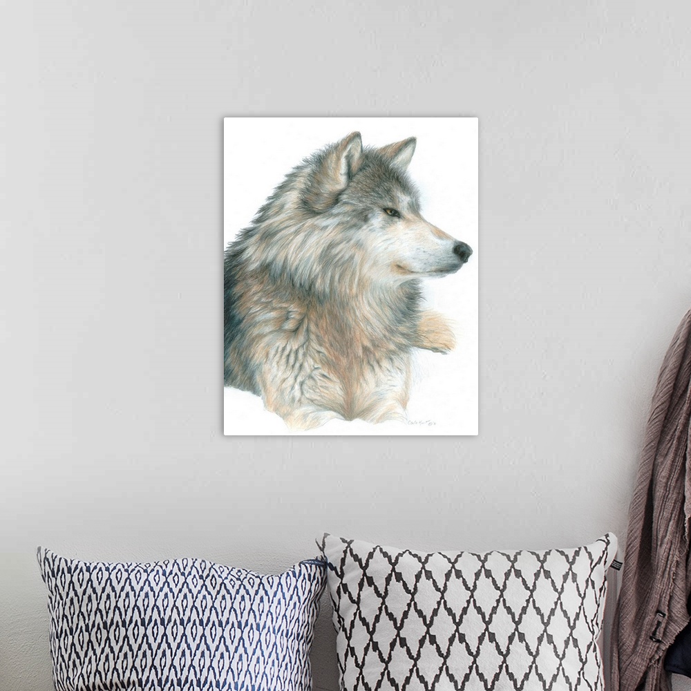 A bohemian room featuring Contemporary artwork of a gray wolf against a white background.