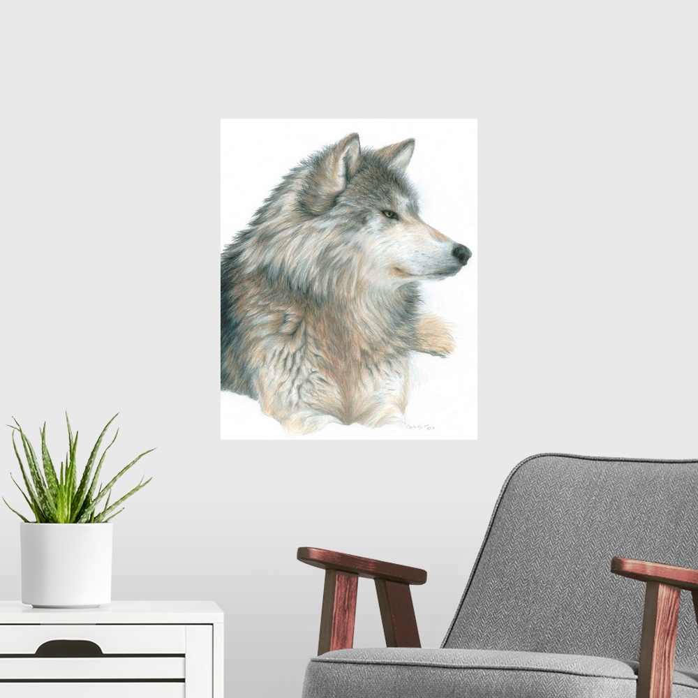 A modern room featuring Contemporary artwork of a gray wolf against a white background.
