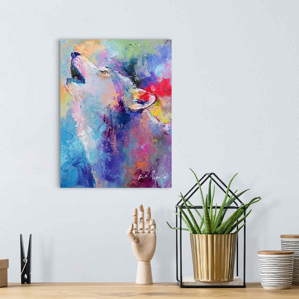 A bohemian room featuring Colorful abstract painting of a wolf howling towards the sky.