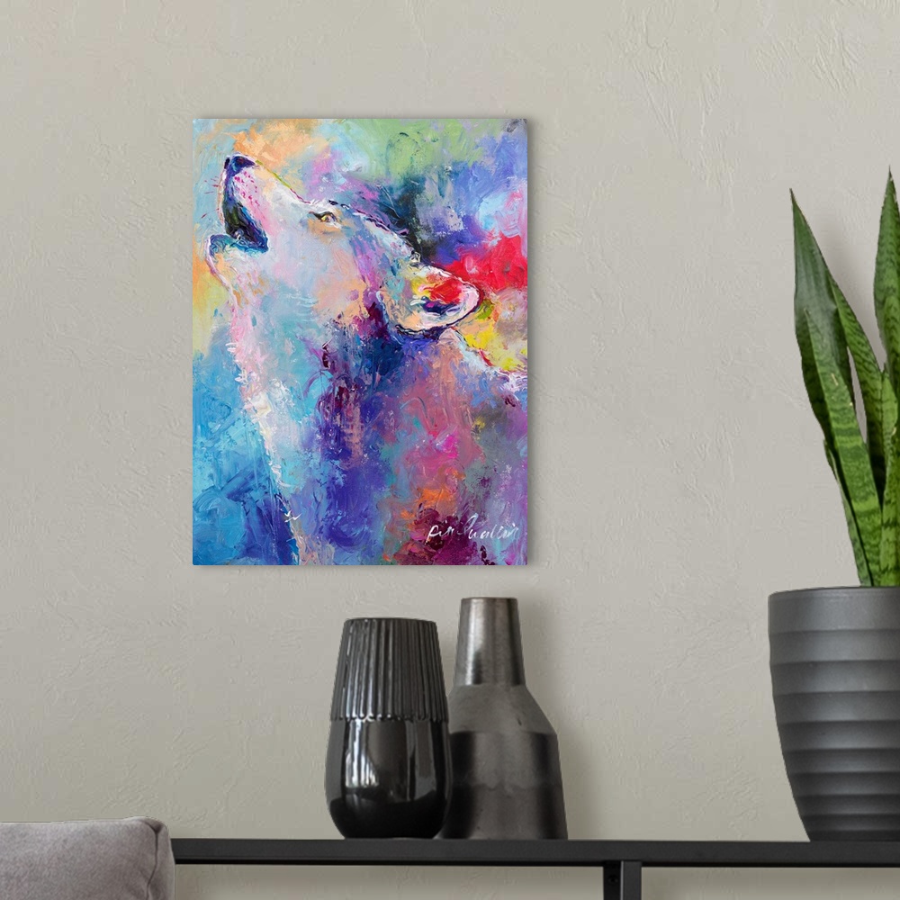 A modern room featuring Colorful abstract painting of a wolf howling towards the sky.