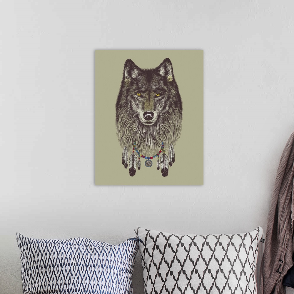 A bohemian room featuring Illustration of a wolf wearing a dream catcher as a necklace.