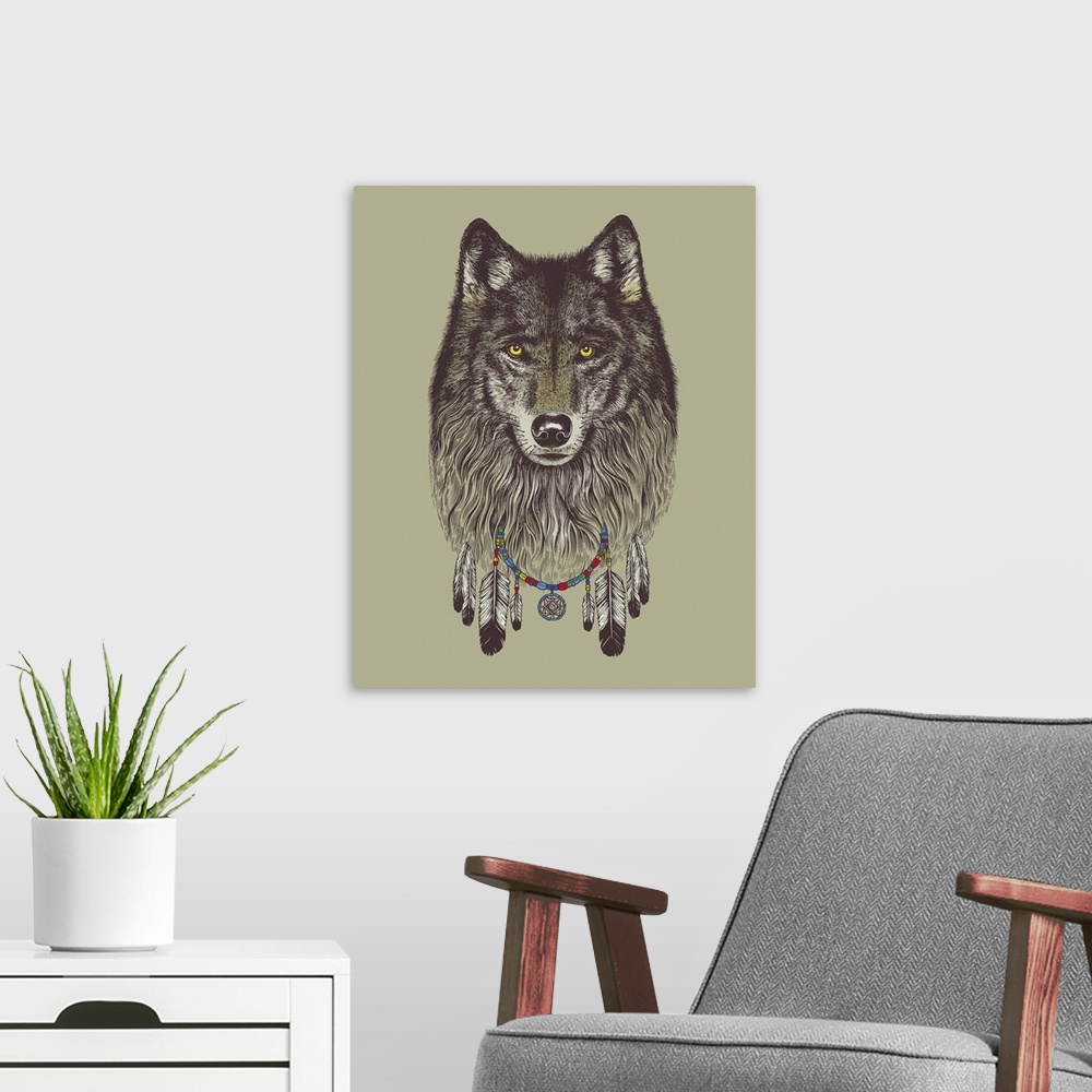 A modern room featuring Illustration of a wolf wearing a dream catcher as a necklace.