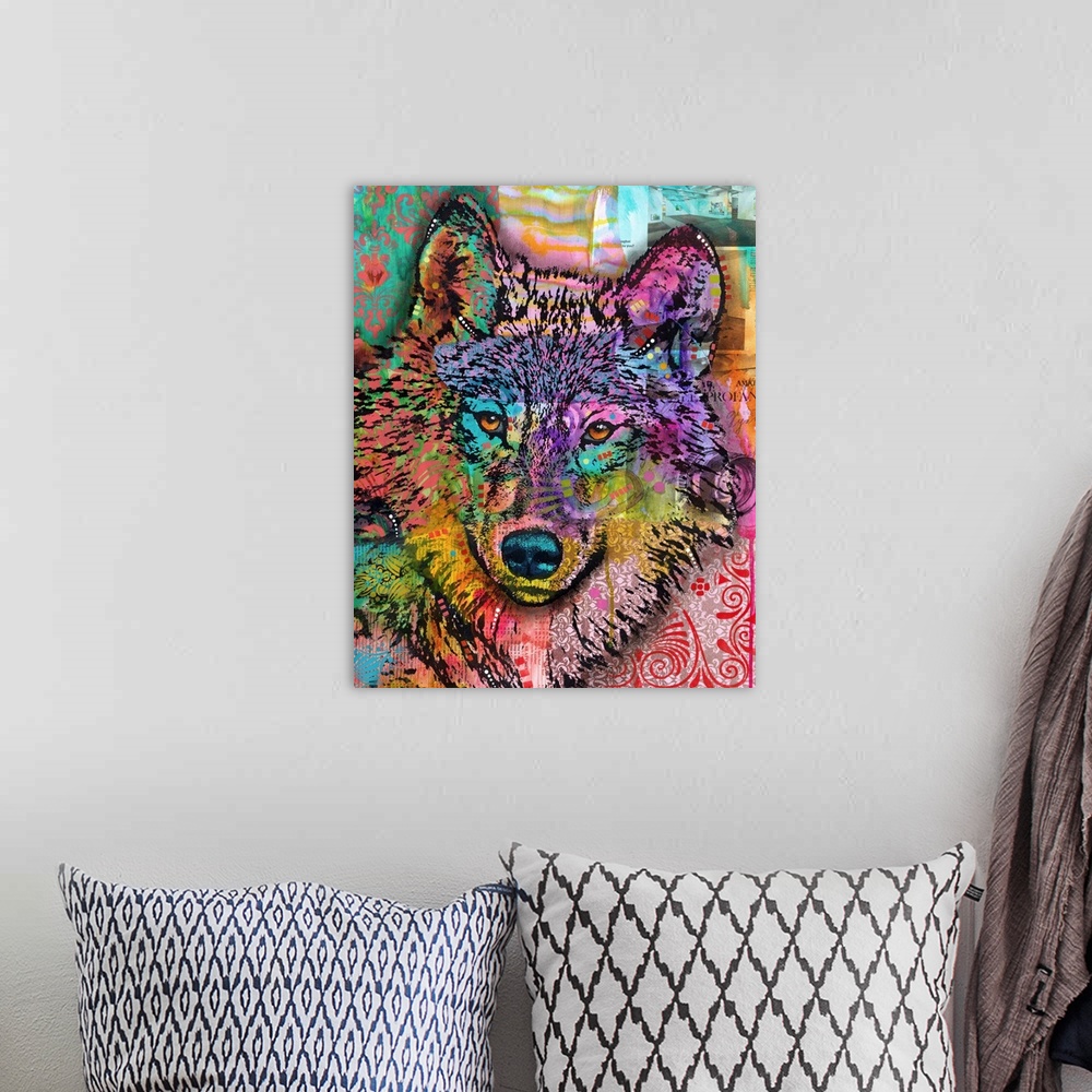 A bohemian room featuring Colorful illustration of a wolf on a collage background with strips of paper covered in abstract ...