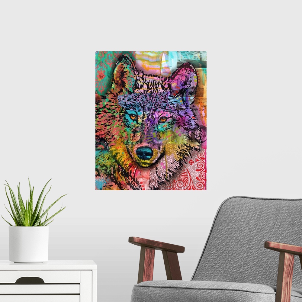 A modern room featuring Colorful illustration of a wolf on a collage background with strips of paper covered in abstract ...