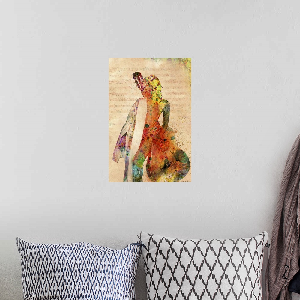 A bohemian room featuring Woman with Guitar - watercolor