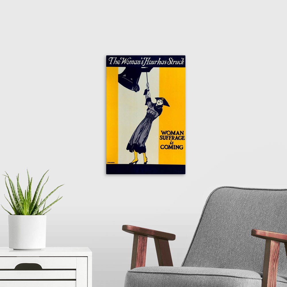 A modern room featuring Vintage poster advertisement for Womans Suffrage.