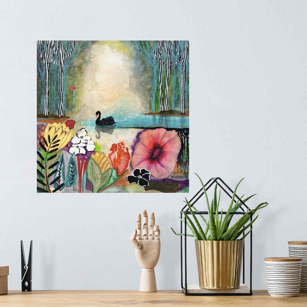 A bohemian room featuring A black swan in a pond with colorful flowers in the foreground.