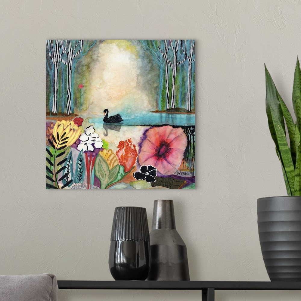 A modern room featuring A black swan in a pond with colorful flowers in the foreground.