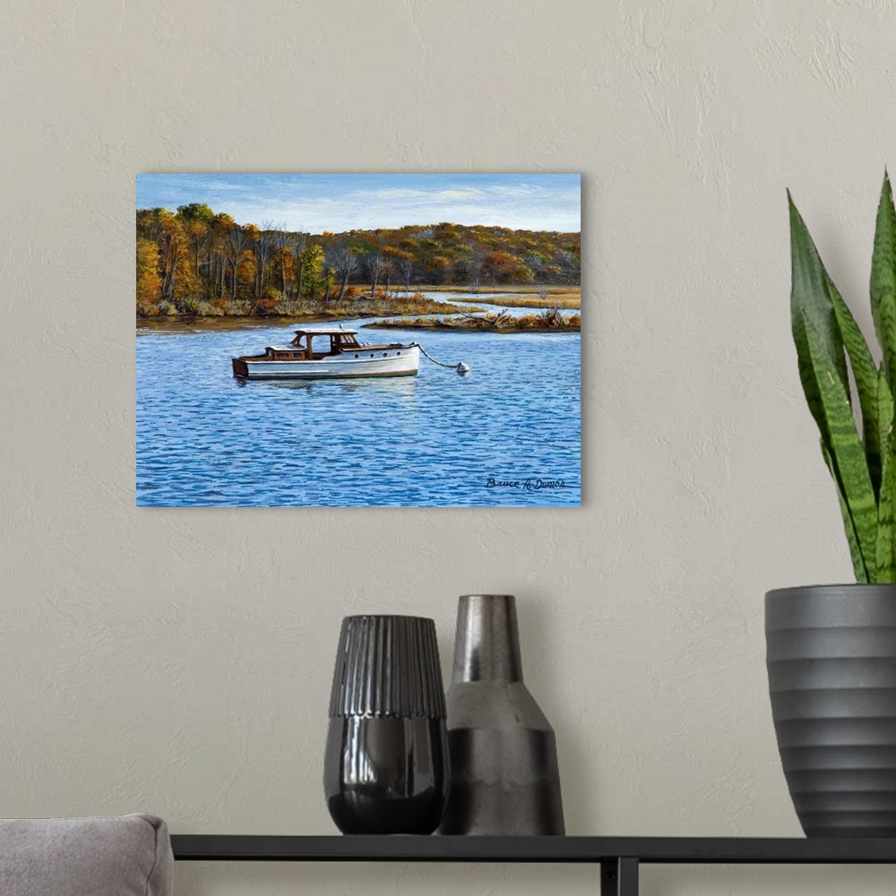 A modern room featuring Contemporary artwork of a small wooden boat in the water.
