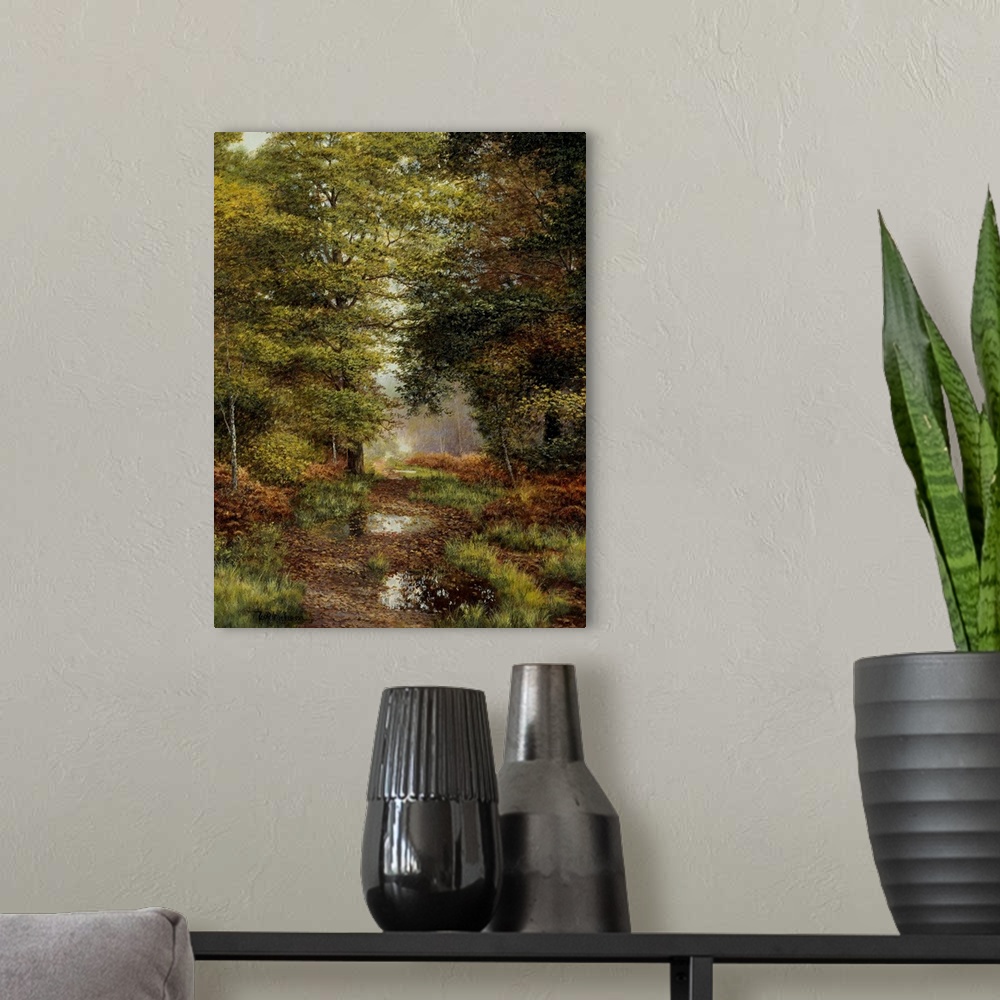A modern room featuring Stream running through woods with leaves floating.