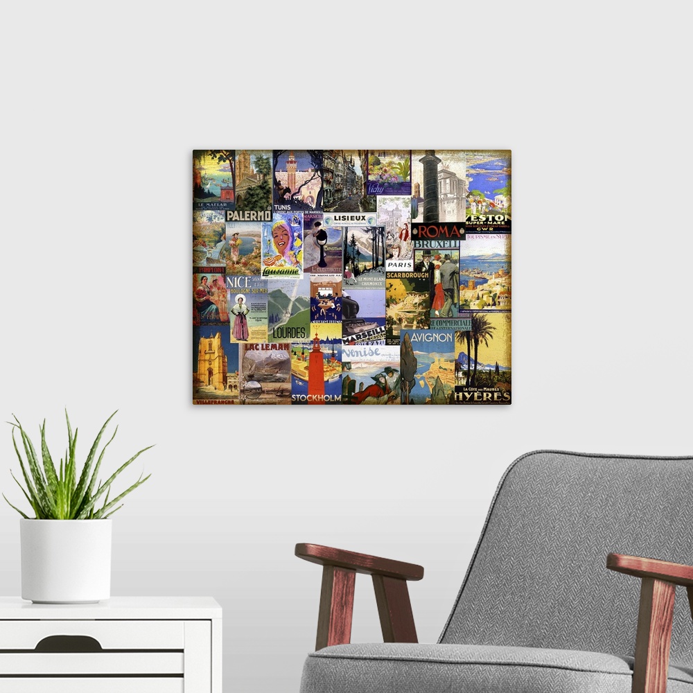 A modern room featuring Collage made of vintage travel posters of cities from all over the world.