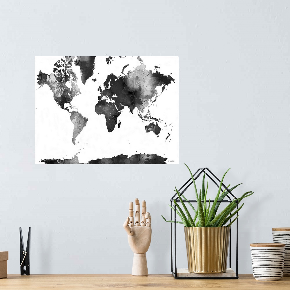 A bohemian room featuring Contemporary black and white watercolor world map.