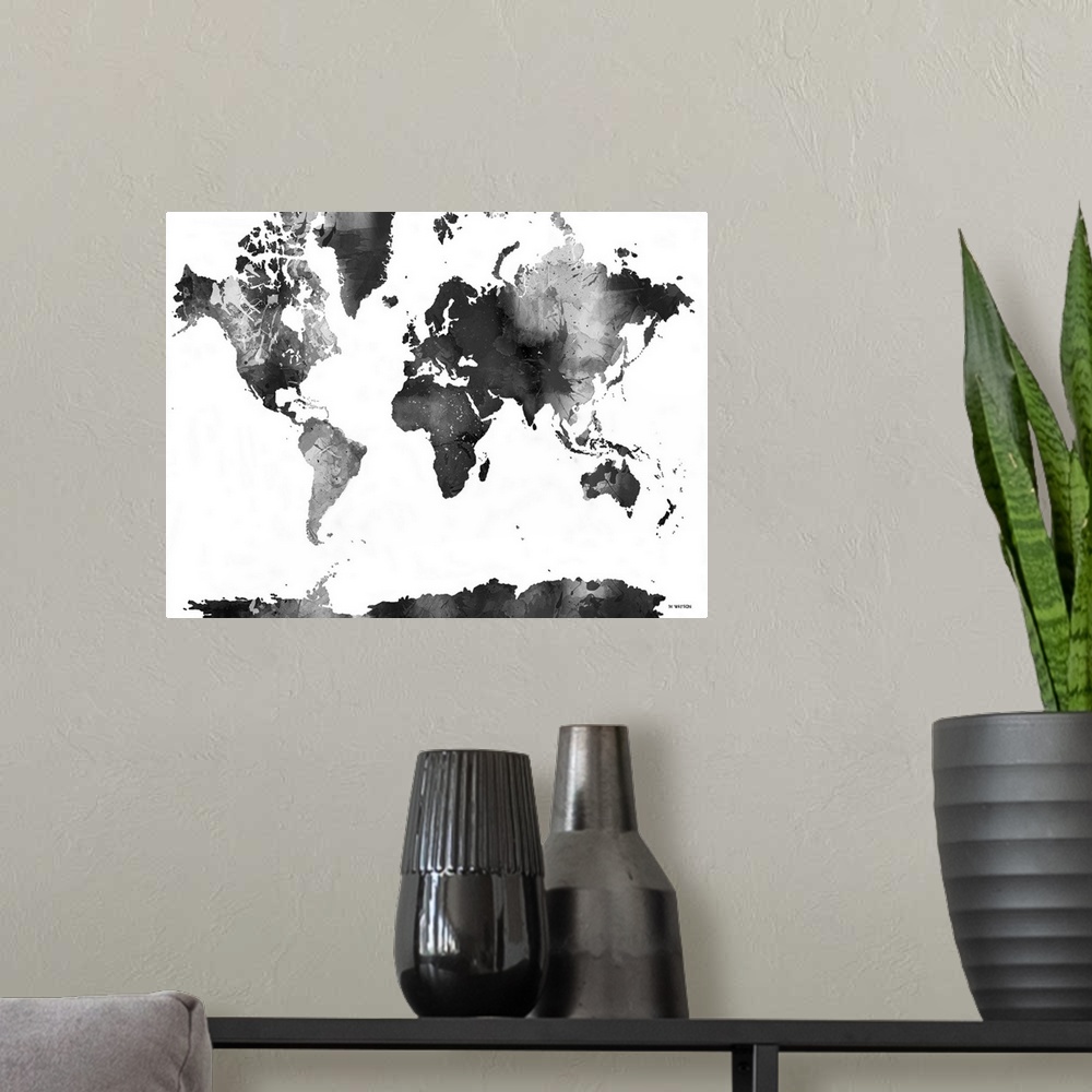A modern room featuring Contemporary black and white watercolor world map.