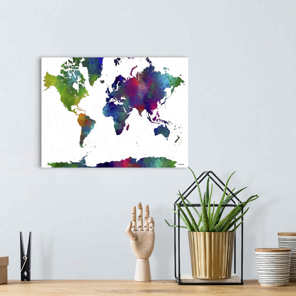 A bohemian room featuring Contemporary colorful watercolor world map.