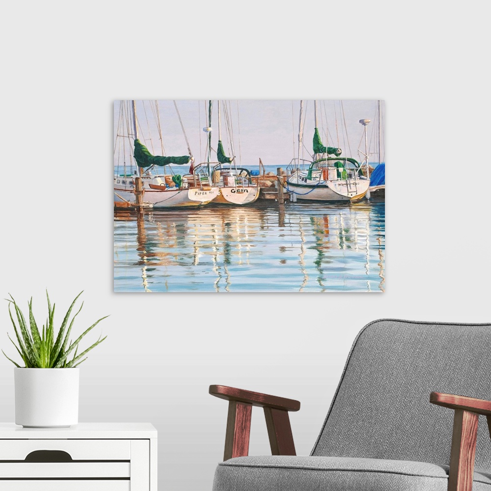 A modern room featuring Contemporary painting of a group of yachts docked in the ocean.