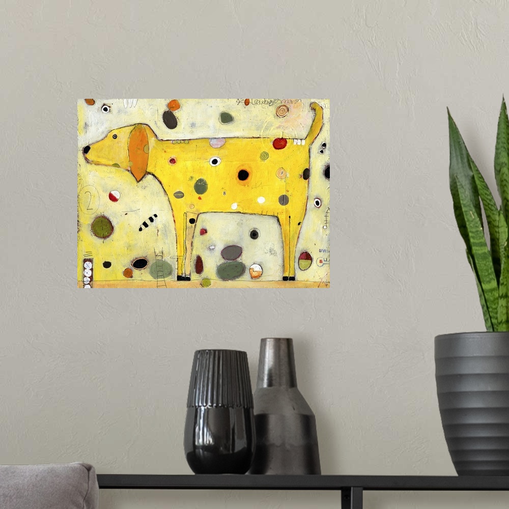 A modern room featuring Lighthearted contemporary painting of yellow dog with spots.