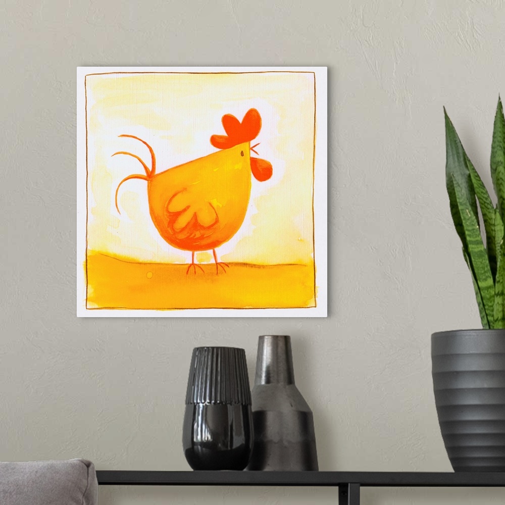 A modern room featuring orange rooster