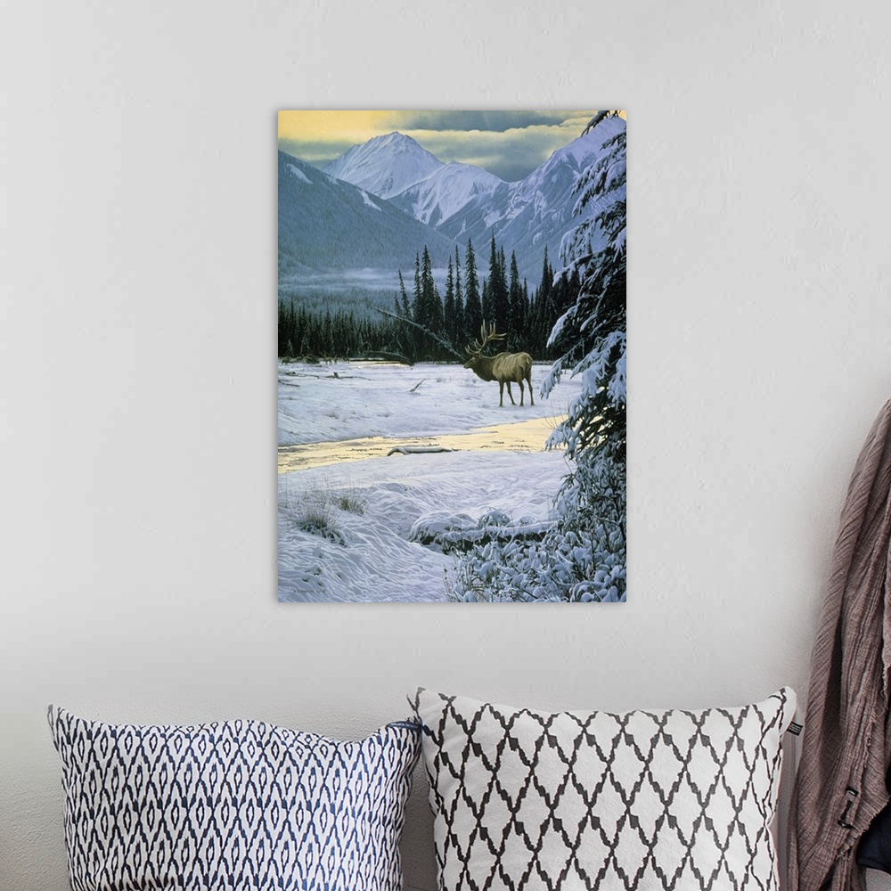 A bohemian room featuring An elk makes its way across the snow covered landscape.