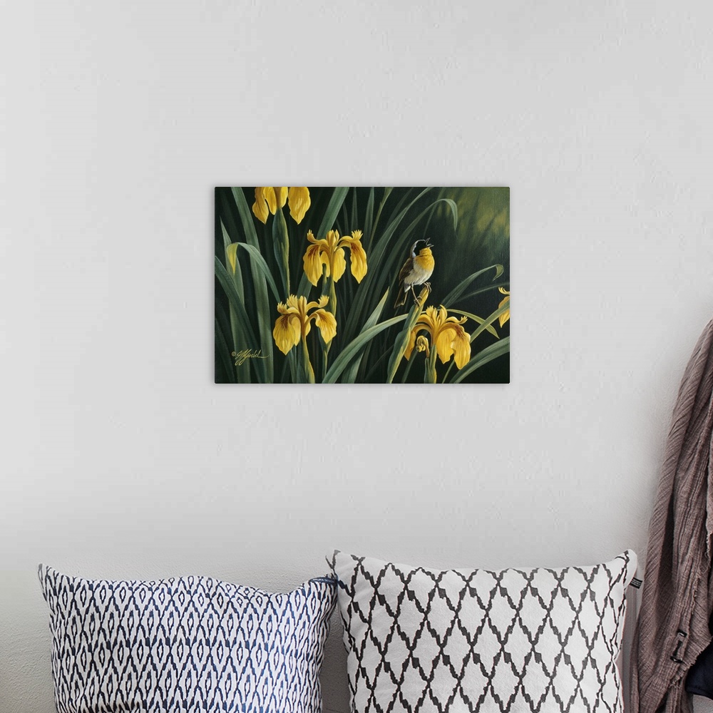 A bohemian room featuring Yellowthroat perched on yellow flowers.