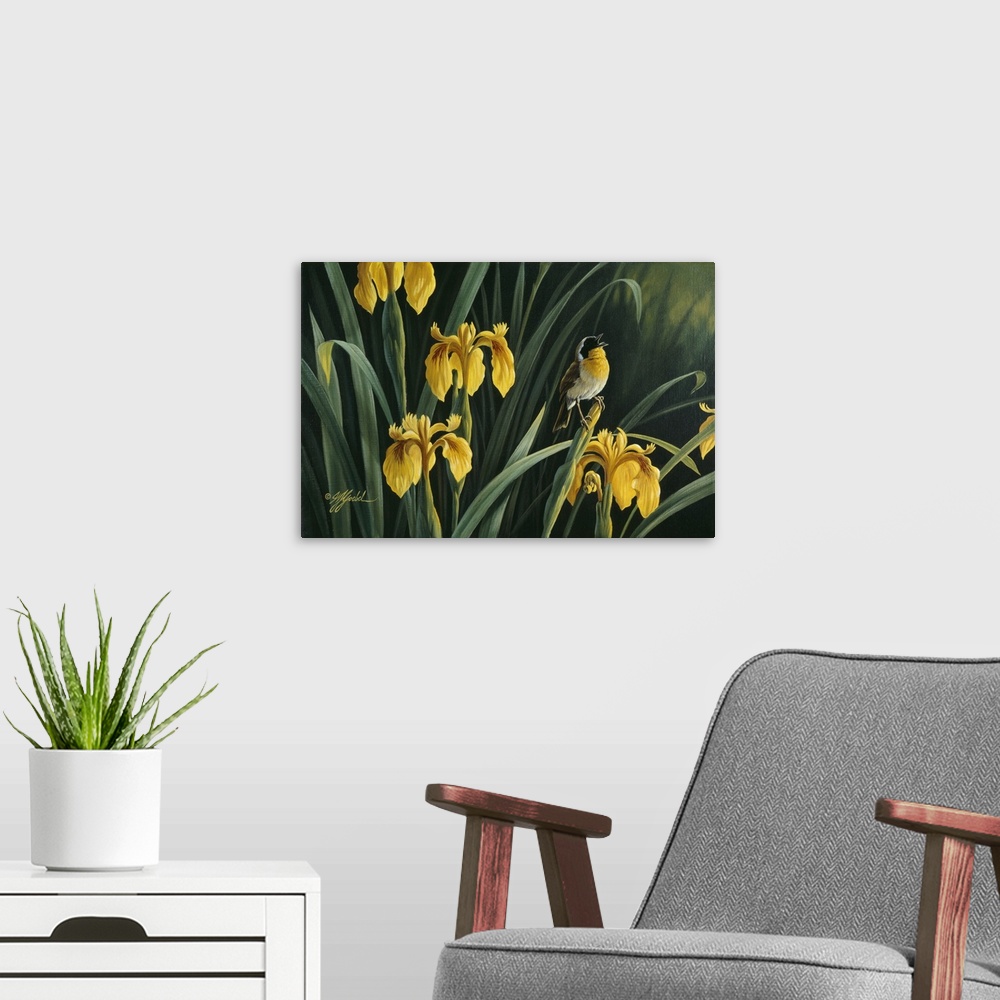 A modern room featuring Yellowthroat perched on yellow flowers.