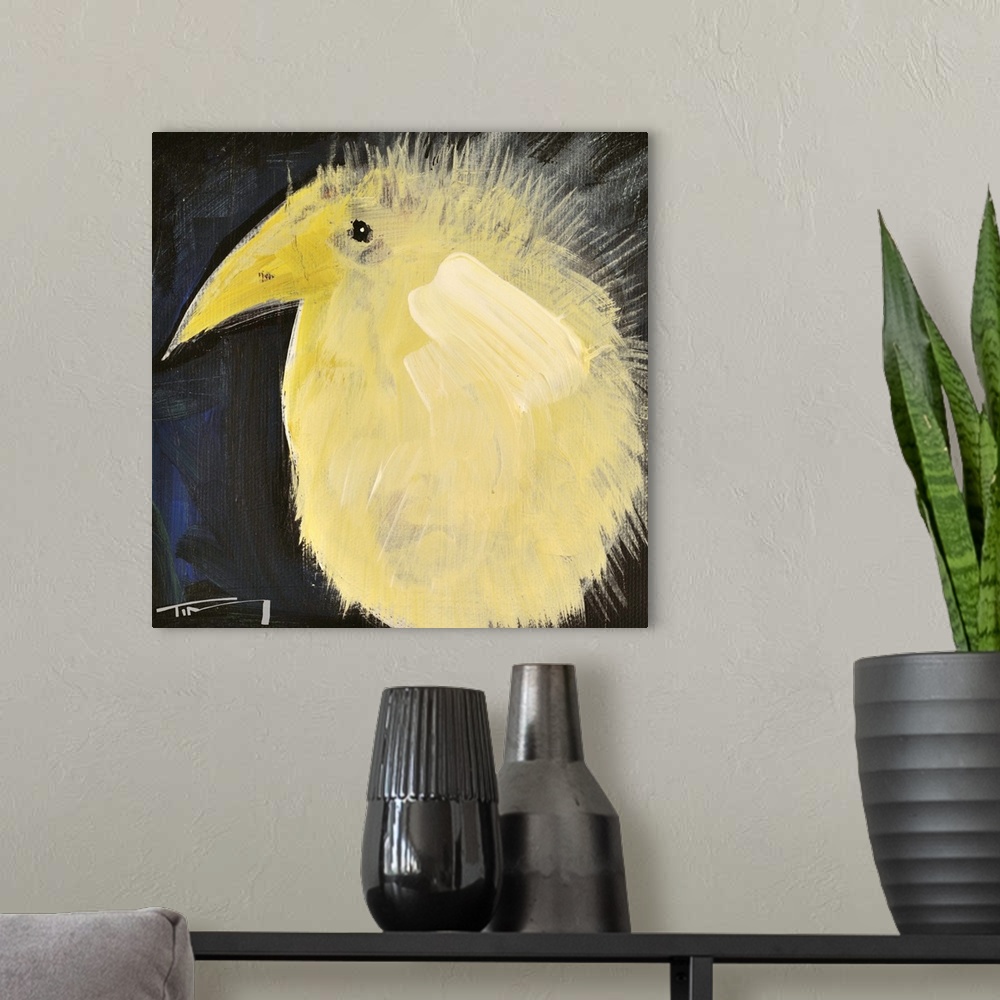 A modern room featuring Yellow Fuzzy Bird